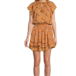 NWT Poupette St. Barth Elsa Orange Animal Zebra Print Layered Blouson Mini Dress